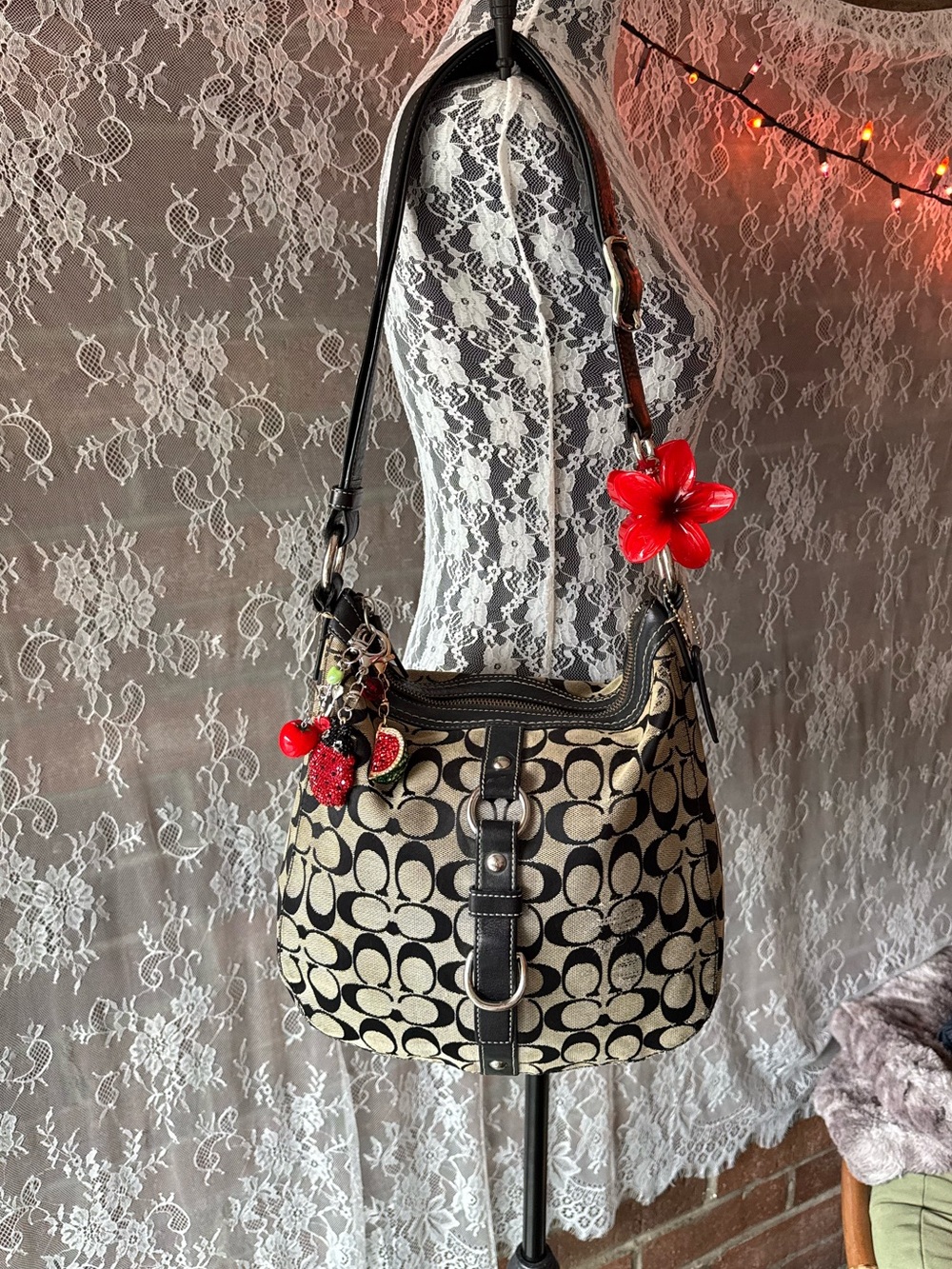 Coach Black and Cream Signature Canvas Shoulder Bag with Cherry Charm